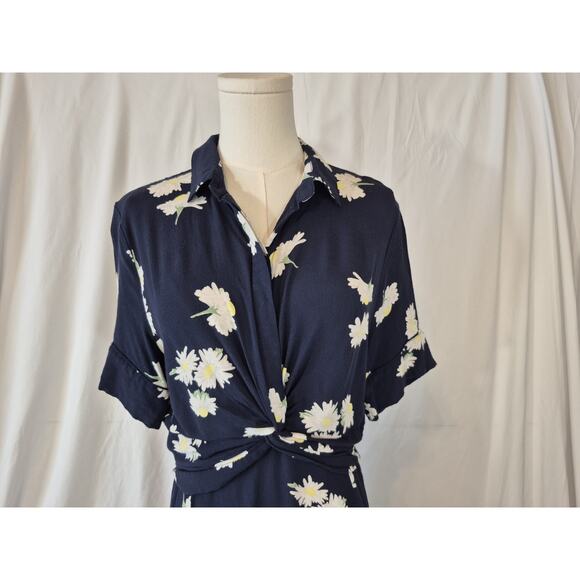 Ganni Womens Navy Blue Silvery Crepe Collar Short Sleeve Dress Eur 40 US 8 - Picture 3 of 8